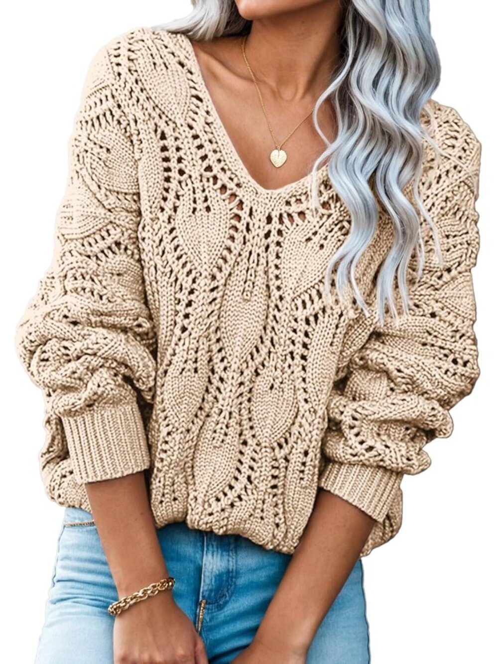 Women's V-Neck Crochet Hollow-Out Sweater - Stylish Winter Pullover